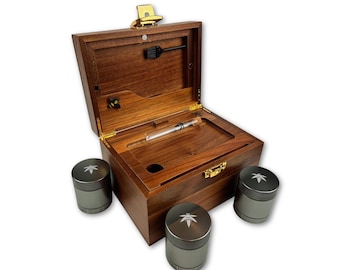 Dark Wood Stash Box with 3 Metal Stash Jars: Smell Proof, Lockable - Rolling Tray