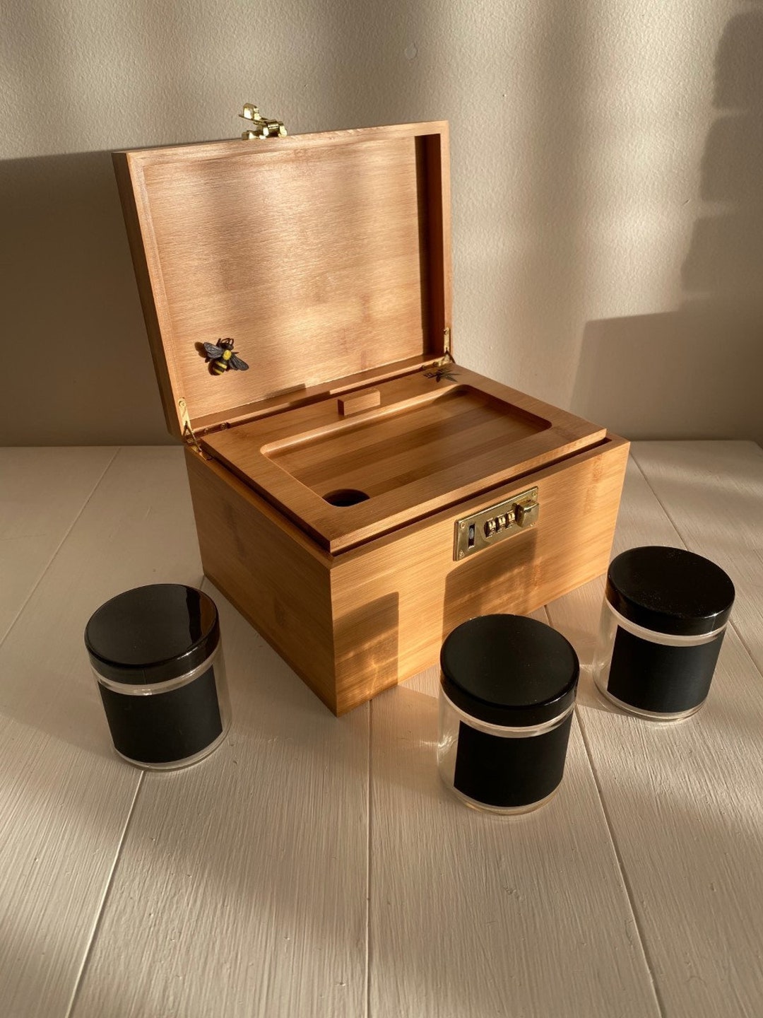 Large Bzz Box bamboo Stash Box With Lock, Rolling Tray, and 3