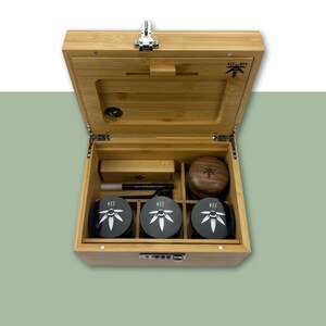 Large Bzz Box Stash Set, Smoking Accessories, Smell Proof Box, Boxes & Bins, Wooden Lock Box, Home & Living, smoking Gift Idea, Large Stash Box Bundle, three stash jars, a rolling tray, mini brush, two pokers, a Bzz Scoop, and Chalkboard marker