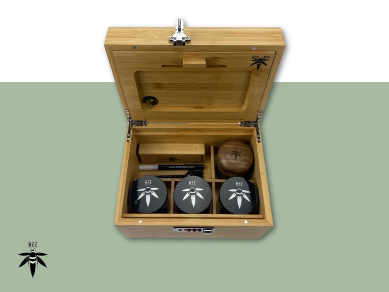 Large Bzz Box Stash Set, Smoking Accessories, Smell Proof Box, Boxes & Bins, Wooden Lock Box, Home & Living, smoking Gift Idea, Large Stash Box Bundle, three stash jars, a rolling tray, mini brush, two pokers, a Bzz Scoop, and Chalkboard marker