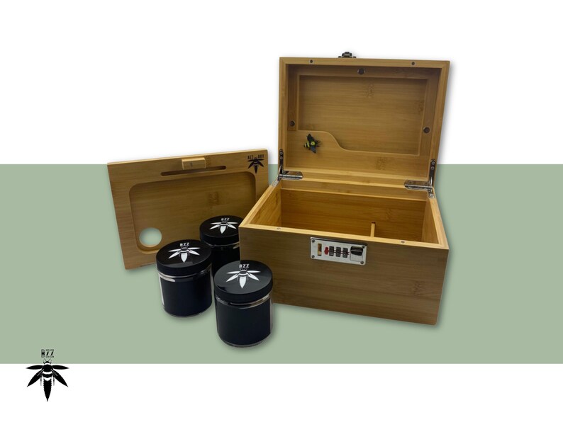 Large Bzz Box Stash Set, Smoking Accessories, Smell Proof Box, Boxes & Bins, Wooden Lock Box, Home & Living, smoking Gift Idea, Large Stash Box Bundle, three stash jars, a rolling tray, mini brush, two pokers, a Bzz Scoop, and Chalkboard marker