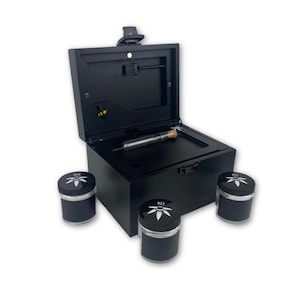 OG Black Bzz Box (Stash Box) with rolling tray, 3 Stash Jars, chalkboard marker, glass stash tube, 2 Pokers, Smell Proof Wooden Lock Box