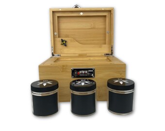 Lockable Bamboo Stash Box Set: Rolling Tray, Smell Proof Jars (OG Bzz Box)