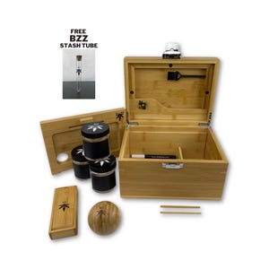 Smell Proof Bamboo Stash Box Bundle: OG Bzz Box with over Ten Accessories