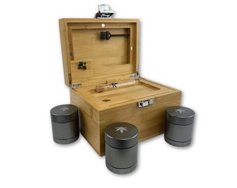 Bamboo Stash Box with 3 Metal Stash Jars: Smell Proof, Lockable - Rolling Tray
