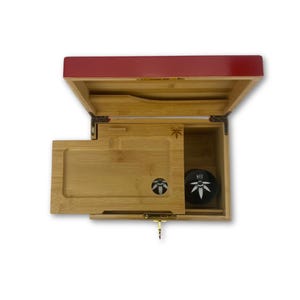 Stash Box - Red Bzz Box with Sliding Rolling Tray, 3 Stash Jars, and Skeleton Key Lock - Wooden Lock Box - Smell Proof - Bamboo Stash Box
