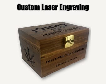 Custom Laser Engraved Stash Box in Acacia, Bamboo, or Black: Lockable, Smell Proof