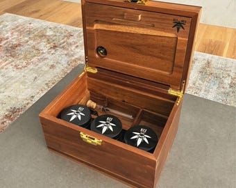 Dark Wood Stash Box: Smell Proof, Lockable - Rolling Tray, 3 Glass Jars