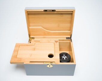 Stash Box Sale - Large Grey Bzz Box with Sliding Rolling Tray, 3 Stash Jars, and Skeleton Key Lock - wooden lock box - smell proof