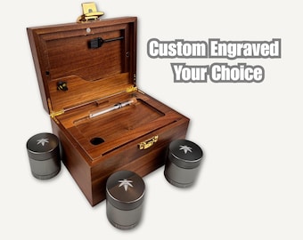Custom Engraved Dark Wood Stash Box with 3 Metal Jars: Smell Proof, Lockable, Personalized