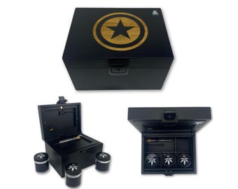 Black Stash Box: Smell Proof, Lockable - Rolling Tray, 3 Glass Jars - Star Design