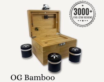 Bamboo Stash Box with Lock: Smell Proof, Lockable - Rolling Tray, 3 Glass Jars