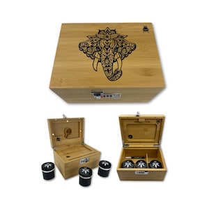 OG Bzz Box (Stash Box) with Elephant Design, Rolling Tray, 3 Stash Jars, Marker, Stash Tube - Bamboo Lock Box - Smell proof Custom Stash Box