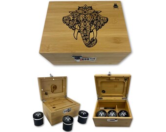 Stash Box: Smell Proof, Lockable - Rolling Tray, 3 Glass Jars - Elephant Design