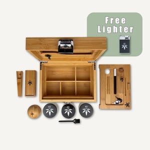 Bamboo Stash Box Bundle – Artisan Construction - Smell Proof, Lockable, Discreet - with Twelve Accessories, Engravable