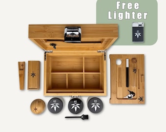 Stash Box Bundle – Bamboo Smell Proof Discreet - with Twelve Accessories - Lockable, Custom Engraved
