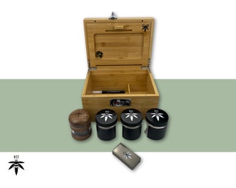 Stash Box set, Glass Grinder, 3 Stash Jars, Butane Lighter, Original Large Bzz Box with Rolling Tray, Smell Proof Bamboo Lock Box