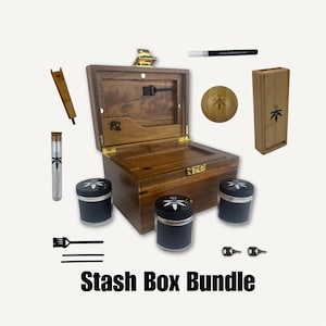 Smell Proof Dark Wood Stash Box Bundle – with Twelve Accessories - Lockable, Custom Engraved