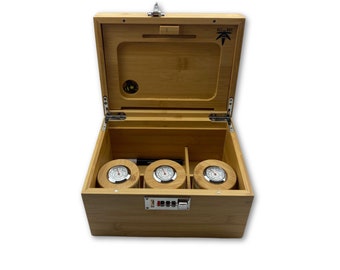 Grande boîte Bzz (boîte cachée, bambou) avec plateau à roulettes en bambou, 3 pots hygromètres, boîte verrouillée, organiseur, anti-odeurs, coffret personnalisé