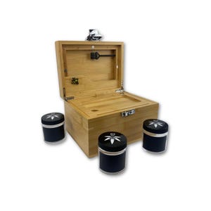 OG Bzz Box (Stash Box) with Lockable Latch, Rolling Tray, 3 Glass Stash Jars, Chalk Marker, 2 Pokers, Glass Stash Tube, Smell Proof Lock Box
