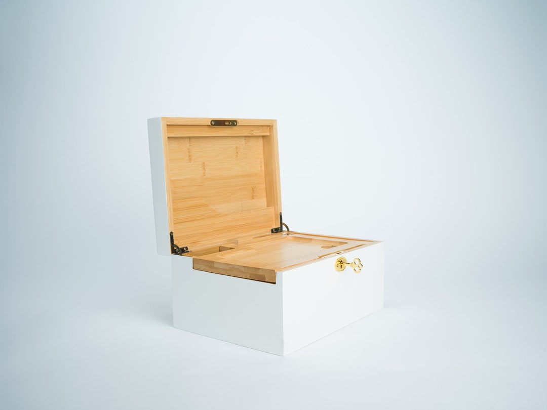 Large Bzz Box bamboo Stash Box With Lock, Rolling Tray, and 3