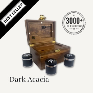 Dark Wood Stash Box: Smell Proof, Lockable - Rolling Tray, 3 Glass Jars