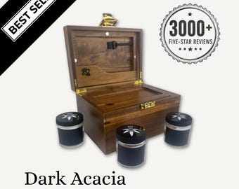 Dark Wood Stash Box: Smell Proof, Lockable - Rolling Tray, 3 Glass Jars