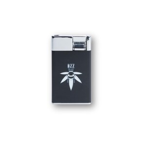 May include: A black and silver lighter with a white graphic of a bee and cannabis leaf. The word "BZZ" is above the graphic. The lighter has a rectangular shape with a silver top.