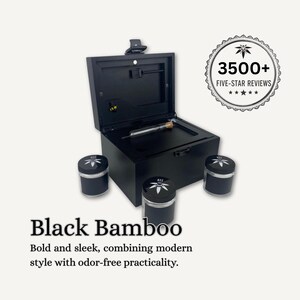 Black Stash Box: Smell Proof, Lockable - Rolling Tray, 3 Glass Jars - Black Hardware