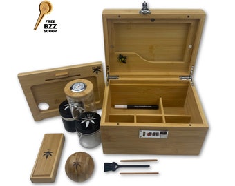 Bamboo Stash Box Bundle, with Lock, Rolling Tray, 2 Stash Jars, 1 Hygrometer Jar, Bzz Ritual, Bzz Ball, Mini Brush, 2 Pokers, Bzz Scoop