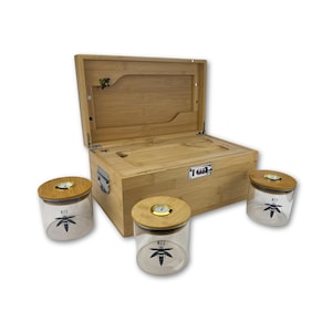 XL Stash Box - The Treasure Chest- Bzz Box - with Bamboo Rolling Tray, 3 Hygrometer Stash Jars, Smell Proof, LARGEST Stash Box available