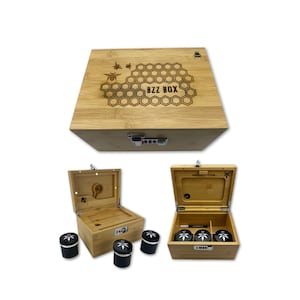 OG Bzz Box (Stash Box) with Honeycomb Design, Bamboo Rolling Tray, 3 Stash Jars, Marker, Stash Tube - Smell Proof Lockable Wooden Stash Box