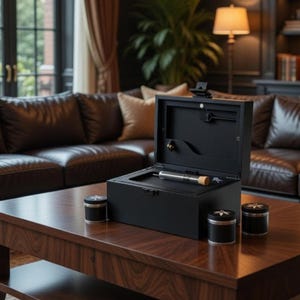 Black Stash Box with Bamboo Rolling Tray, glass Jars & Pokers (OG Bzz Box)