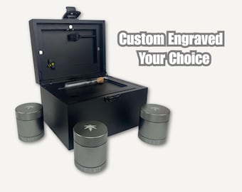 Custom Engraved Black Stash Box with 3 Metal Jars: Smell Proof, Lockable - Rolling Tray