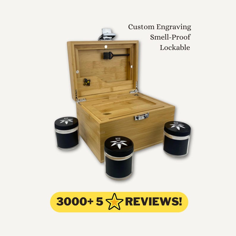 Large Bzz Box Stash Set | Rolling Tray l 3 Stash Jars l Smoking Accessories | Smell Proof Box | Boxes & Bins | Wooden Box | Storage & Organization | Bzz Box | Lock Box | Collectibles | Home & Living | Smoking Gift Idea | Large Stash Box custom HexBee