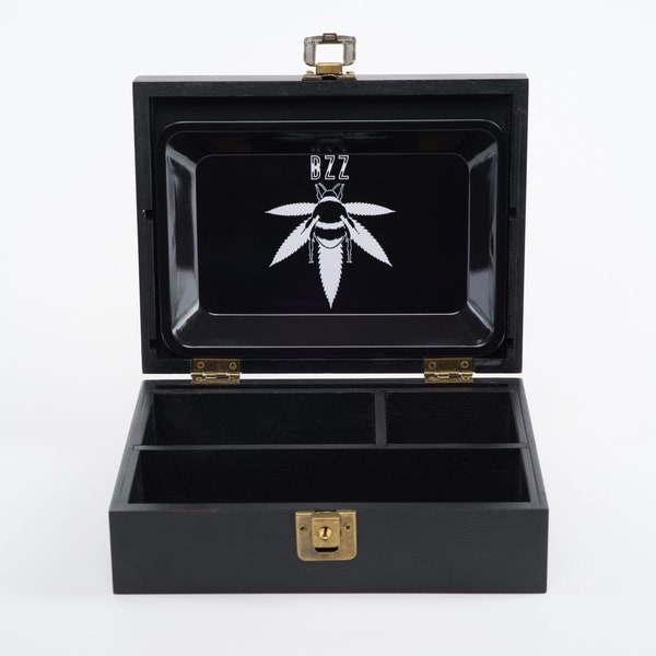 Small Black Bzz Box (Stash Box, Bamboo) with Rolling Tray, lock box, portable, on the go