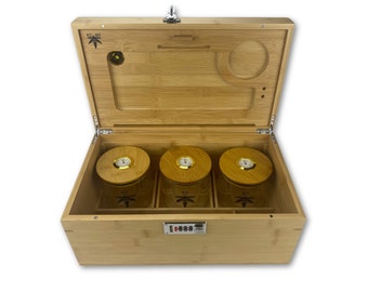 XL Bzz Box (bambou stash box) avec plateau roulant et 3 pots hygromètres, résistant aux odeurs, la plus grande boîte disponible alias le coffre au trésor