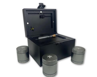 Black Stash Box with 3 Metal Stash Jars: Smell Proof, Lockable - Rolling Tray