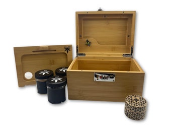 Grande boîte Bzz (boîte cachée, bambou), avec grinder en bois, plateau à rouler, 3 pots cachés, rangement et organisation, cachette de haschich, boîte anti-odeurs