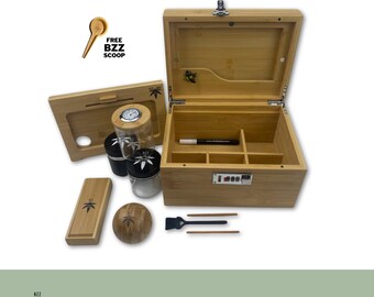 Bamboo Stash Box Bundle, with lock, Rolling Tray, 2 Stash Jars, 1 Hygrometer Jar, Bzz Ritual, Bzz Ball, Mini Brush, 2 Pokers, Bzz Scoop