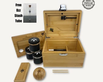 Smell Proof Bamboo Stash Box Bundle – with Twelve Accessories - Lockable, Custom Engraved