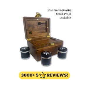 Dark Wood Stash Box: Smell Proof, Lockable - Rolling Tray, 3 Glass Jars