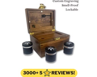 Large Dark Wood Bzz Box (Stash Box), rolling tray, 3 Stash Jars, chalkboard marker, glass stash tube, 2 Pokers, Smell Proof Wooden Lock Box