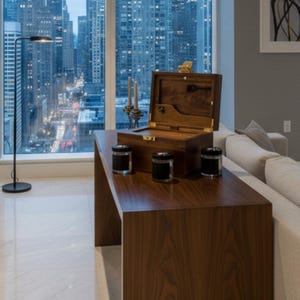 May include: A contemporary dark wood console table with a cityscape backdrop. The table features a wooden box with brass fittings, three black glass jars, and decorative candles. A black floor lamp is positioned to the left.