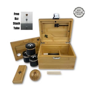 Smell Proof Bamboo Stash Box Bundle – with Twelve Accessories - Lockable, Custom Engraved