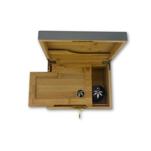 Stash Box - Large Grey Bzz Box with Sliding Rolling Tray, 3 Stash Jars, and Skeleton Key Lock - Wooden Lock Box - Smell Proof