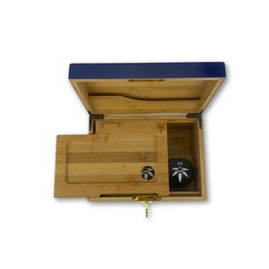 Stash Box - Large Blue Bzz Box with Sliding Rolling Tray, 3 Stash Jars, and Skeleton Key Lock - Wooden Lock Box - Smell Proof