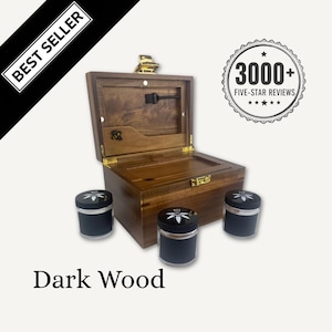 Dark Wood Stash Box: Precision Crafted, Smell Proof, Lockable - Rolling Tray, 3 Glass Jars