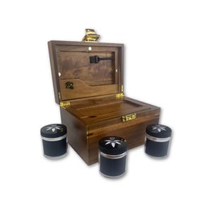 OG Dark Wood Bzz Box (Aufbewahrungsbox), Rolltablett, 3 Aufbewahrungsgläser, Kreidemarker, Aufbewahrungsröhre aus Glas