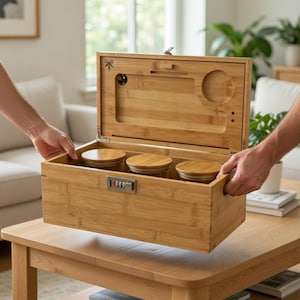 Può includere: Una scatola portaoggetti in bambù con coperchio incernierato, aperta per rivelare tre barattoli di vetro con coperchi in legno. La scatola ha una serratura a combinazione e un vassoio integrato con un ritaglio circolare.